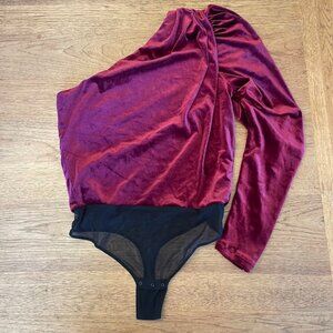 Undress Code Burgundy Flaneur Bodysuit  Asymmetrical Sleeve Snap crotch